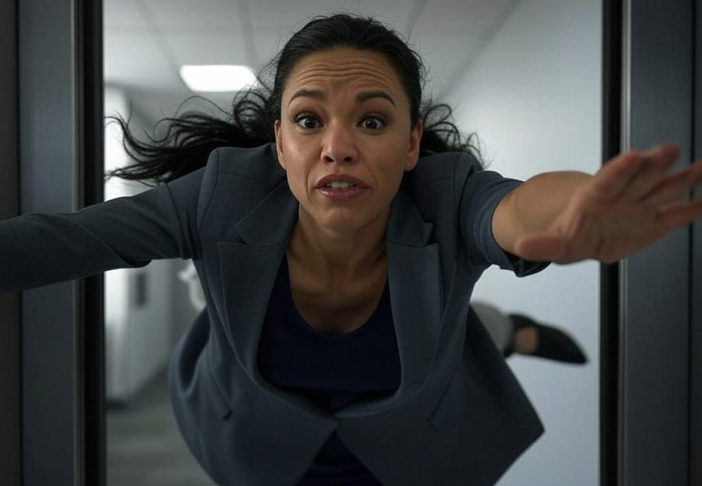 Woman Dives into Closing Elevator Like Indiana Jones Escaping Temple of Doom