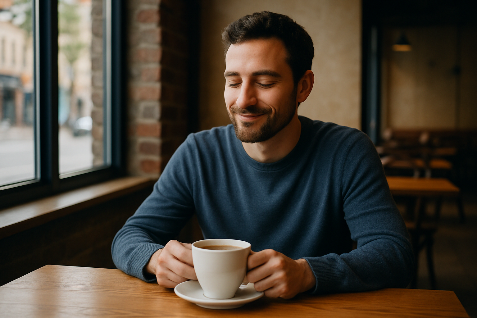 Man Just Drinking Coffee at Coffee Shop Clearly Psychopath