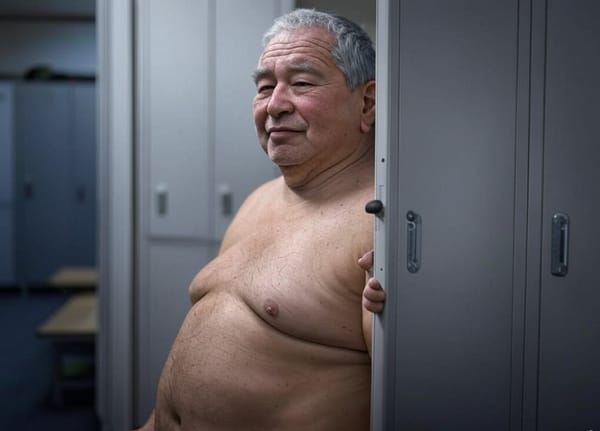 Old Naked Guy in Gym Locker Room Really Embracing Body Positivity