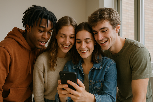 Friends Excitedly Huddle Together to Watch Shaky, out of Focus Concert Footage